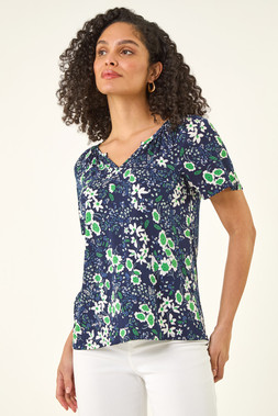 Roman Floral Gathered V-Neck Top