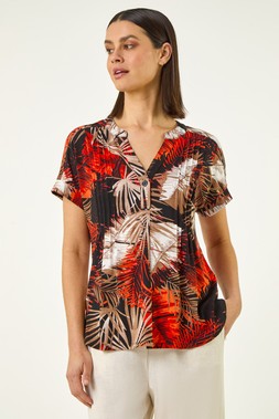 Roman Leaf Print Pintuck Stretch Top