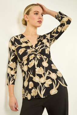 Roman Petite Black Floral Knot Front Stretch Top