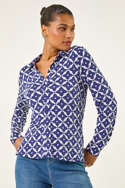 Roman Geo Print Stretch Mock Shirt