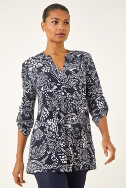 Roman Navy Abstract Print Buttoned Tunic Top