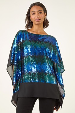 Roman Blue Ombre Sequin Mesh Chiffon Top
