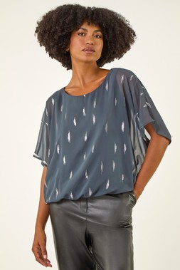 ROman Grey Foil Print Bubble Hem Top