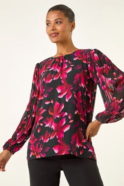 Roman Purple Floral Print Pleated Top