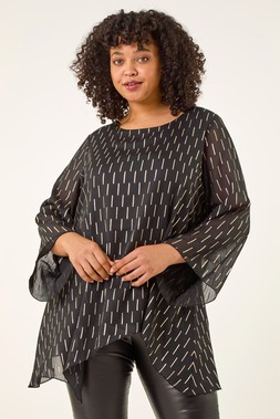 Roman Curve Black Chiffon Overlay Foil Top