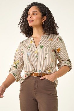 Roman Floral Stripe Pleated Top
