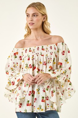 Roman Red Floral Print Bardot Top