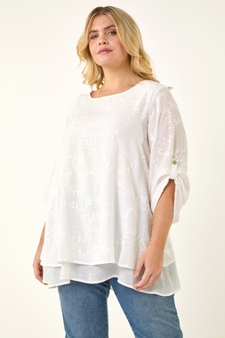 Roman Curve Ivory Embroidered Asymmetric Layer Top