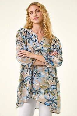 Roman Light Grey Floral Wrap Hem Tunic Top