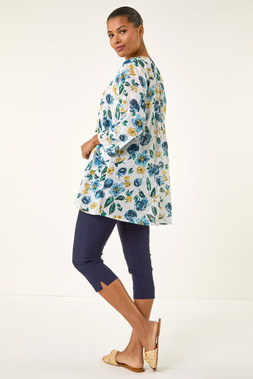 Roman Blue Floral Wrap Hem Tunic Top