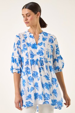 Roman Blue Floral Print Tunic Top