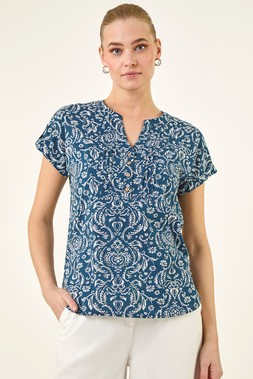 Roman Navy Abstract Print Pleat Front Top