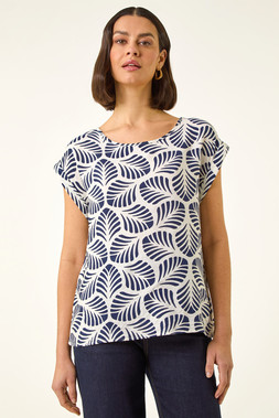 Roman Navy Leaf Print Shell Tunic Top