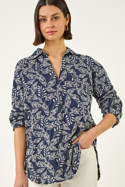 Roman Navy Leaf Embroidered Collared Top