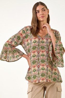 Roman Khaki Ikat Print Flare Sleeve Top