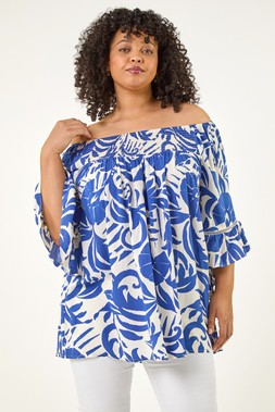Roman Curve Print Pom Pom Top