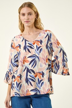 Roman Leaf Print Flared Sleeve Top