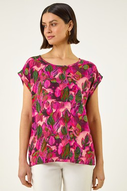 Roman Pink Leaf Print Shell Top
