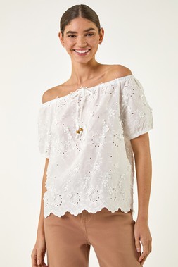 Roman Ivory Floral Embroidered Bardot Top