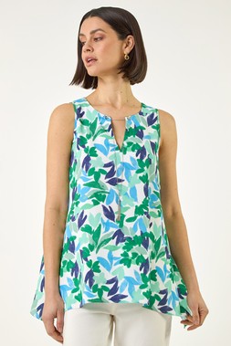 Roman Green Floral Asymmetric Necklace Top