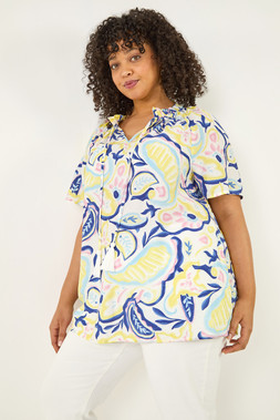 Roman Curve Yellow Abstract Print Gathered Top