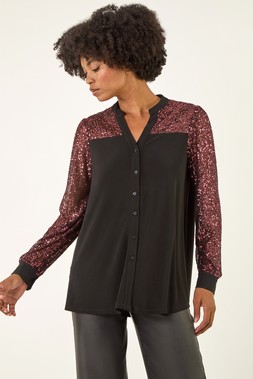 Roman Rose Embellished Sequin Stretch Blouse
