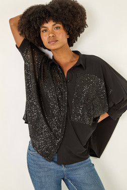Roman Black Sequin Buttoned Blouse