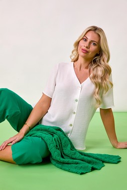 Roman Petite White V-Neck Button Through Blouse & Green Cotton Cullotte Trousers