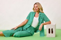 Roman Petite Green Geo Button Up Blouse and Trousers
