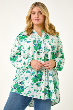 Roman Curve Green Floral Print Pintuck Blouse