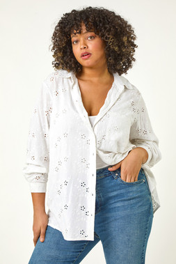 Roman Curve White Broderie Collared Shirt