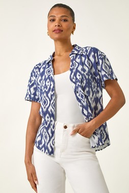 Roman Navy Ikat Print Linen Mix Shirt