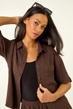 ROman Dusk Brown Textured Buttoned Blouse