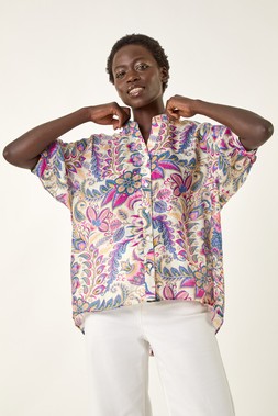 Roman Floral Print V-Neck Blouse