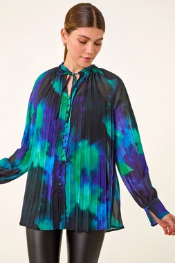 Roman Blue Watercolour Tie Neck Pleated Blouse