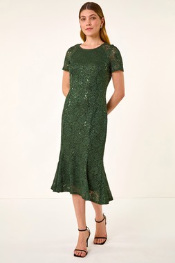 Roman Green Leaf Lace Sequin Midi Dress