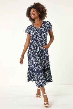 Roman Navy Floral Button Down Frill Midi Dress