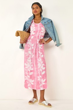 Roman Leaf Print Shirred Bodice Midi Dress