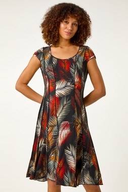 Roman Palm Print Panel Detail Stretch Dress