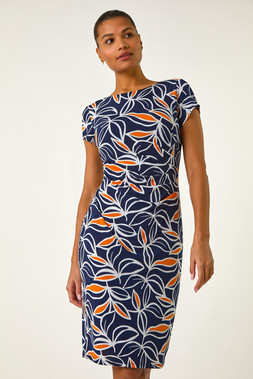 Roman Orange Leaf Print Puff Stretch Midi Dress