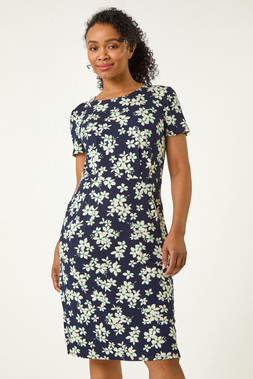 Roman Petite Navy Floral Print Pocket Stretch Dress