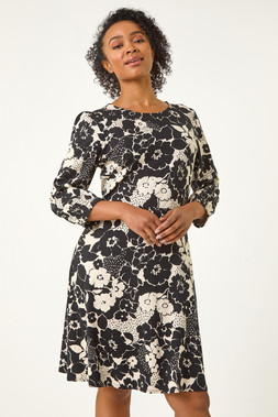 Roman Petite Black Floral Print Stretch Dress