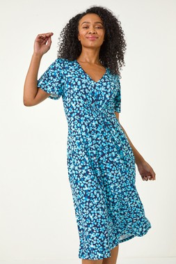Roman Petite Blue Floral Print Shirred Stretch Dress