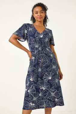 Roman Petite Navy Floral Shirred Front Midi Dress