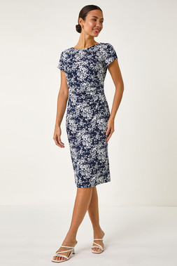 Roman Navy Floral Print Pleat Detail Shift Dress