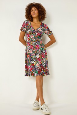 Roman Floral Print Ruched Stretch Midi Dress