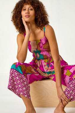Roman Purple Floral Border Ruched Jumpsuit