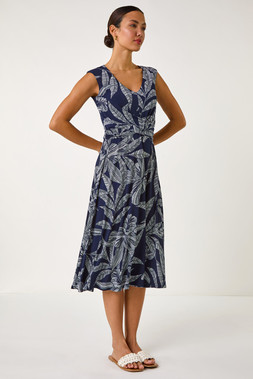 Roman Leaf Print Twist Front Stretch Dress