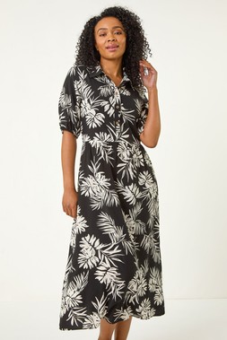 Roman Petite Black Tropical Button Midi Dress