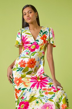 Roman White Floral Satin Midi Dress